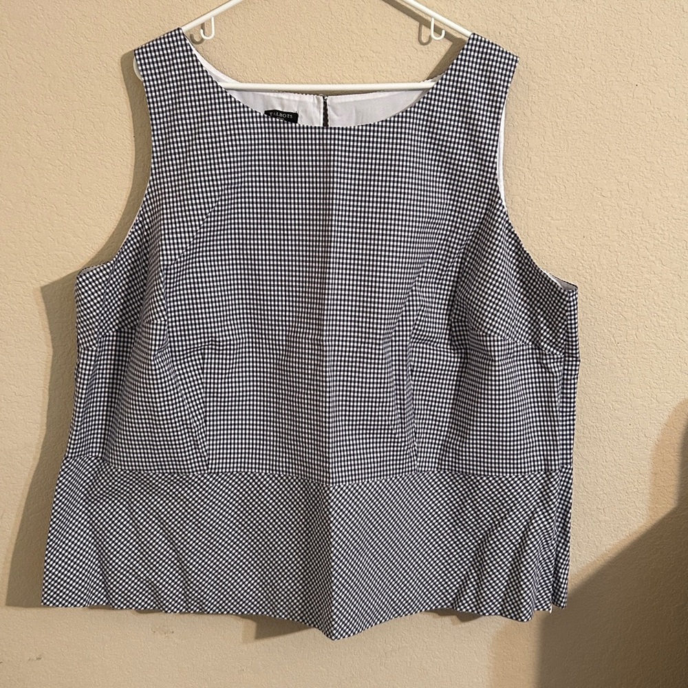 Talbots Navy and White Checkered Top Office Career Business